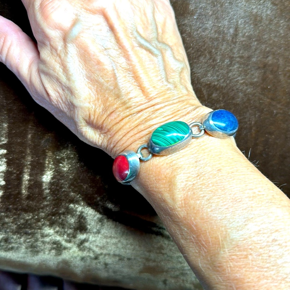Vintage Mexico Taxco Sterling Silver TA-113 925 Multi-Color Gem Link Bracelet 🔥